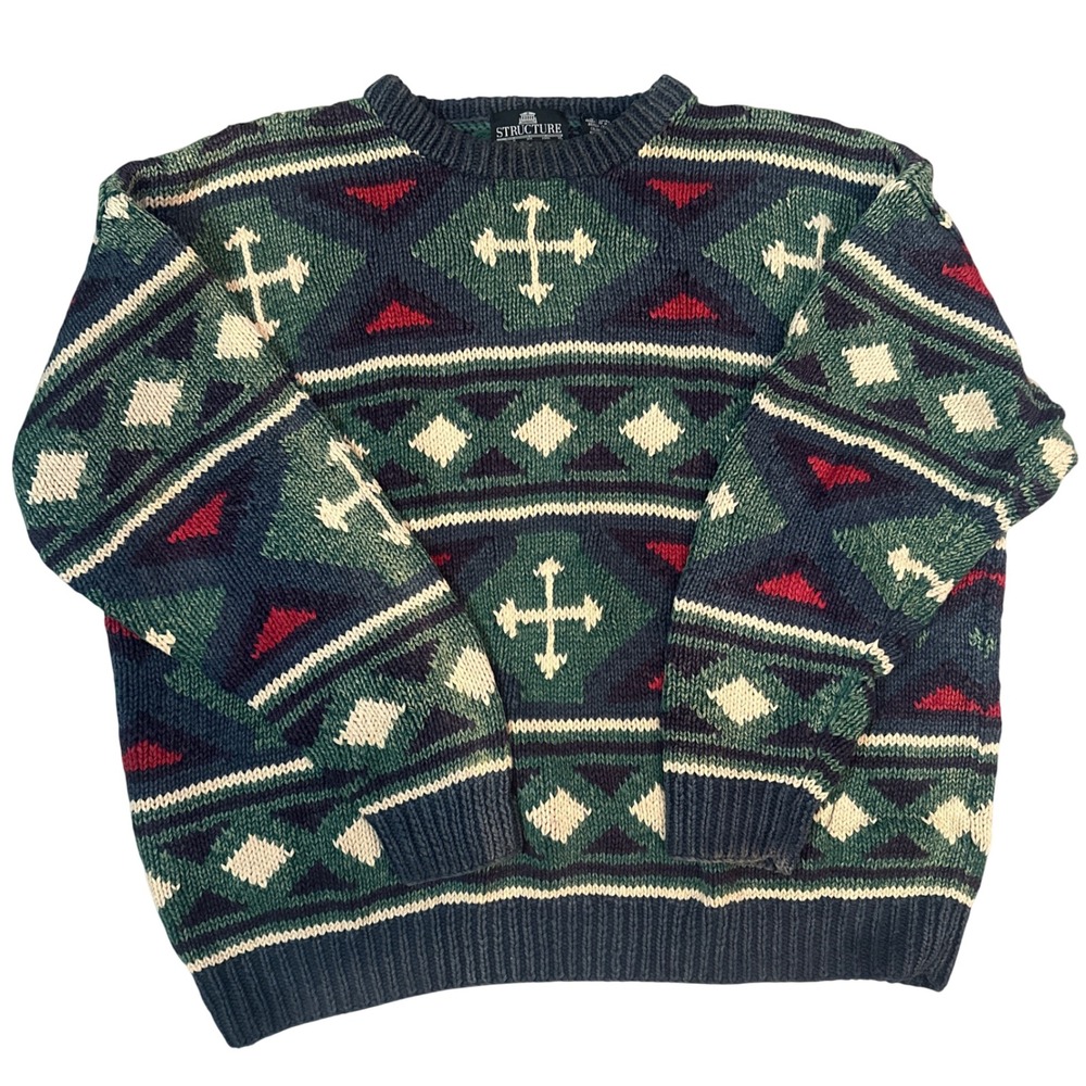 Vintage Structure Aztec Geometric Knit Sweater Men Medium 90s Y2K Grandpa Ralph